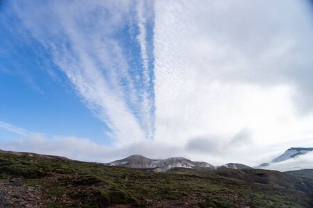 Unusual clouds on the sky with Panoramic view of mountain with Volcanic landscape. Laugavegur trek in Iceland.の写真素材