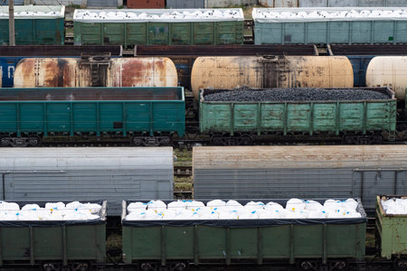 Freight Station with many trains and wagons - Cargo transportationの写真素材