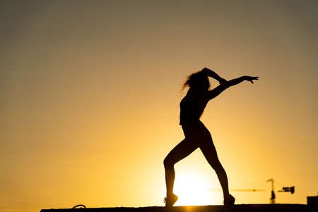 Female dancer on the edge of rooftop dancing go-go on the orange sky background. Concept of joy and desireの写真素材