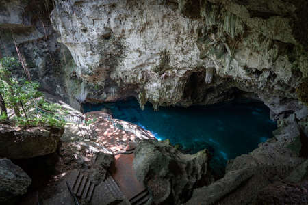 Los Tres Ojos -crystal water blue lake in limestone cave in Santo Domingo, Dominican Republicの写真素材