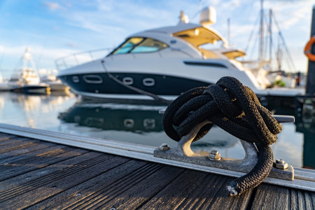 Closeup picture a rope tied to a metal cleat on a yacht deck with boat on backgroundの写真素材
