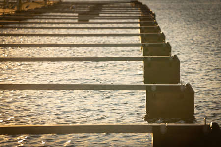 Many empty floating piers for powerboat and sailboat on the sunset.の写真素材