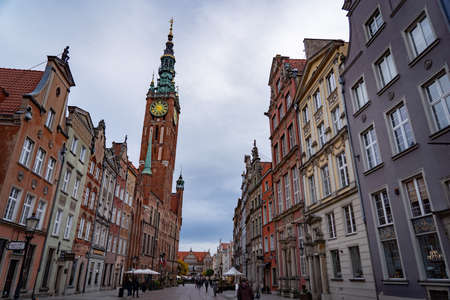 Gdansk, Poland - November 21, 2021: Architecture of the old town in Gdansk with city hall at dawn,...