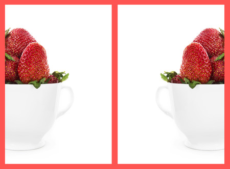 Half cup of fresh Strawberry with pink frameの写真素材