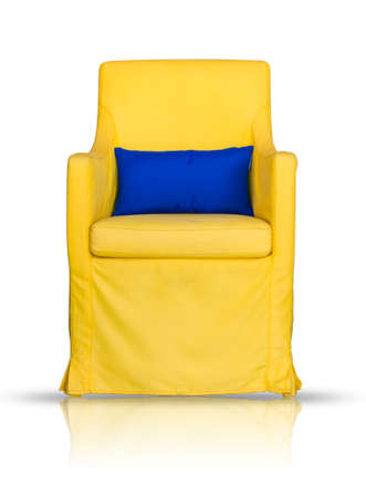 yellow sofa and blue pillow isolated on white background, include clipping path.の写真素材