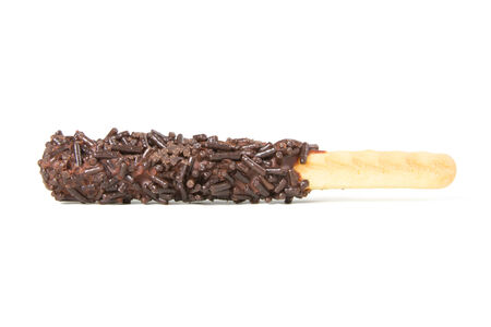 Biscuit stick covered by chocolate isolated on white background.の写真素材