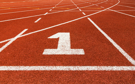 Start track. Lanes 1, number one of a red racing track.の写真素材