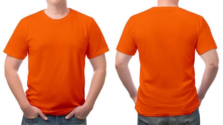 close up orange t-shirt cotton man pattern isolated on white background.の写真素材