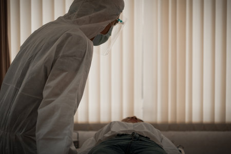 Asian Doctor, nurse and staff wearing surgical face mask face shield and protective hazmat suit...