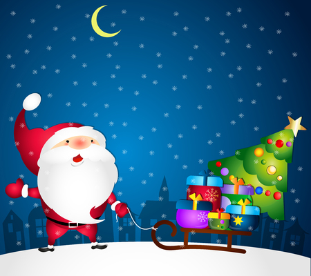 Santa with gifts and a Christmas tree, Christmas cardのイラスト素材