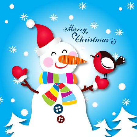 Snowman and bird Christmas cardのイラスト素材