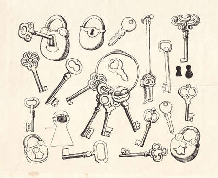 Key set,  hand drawn locks and keysのイラスト素材