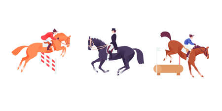 Equestrian icon set, horse sport clip art, horses with riders in show jumping, dressage and cross competitionのイラスト素材