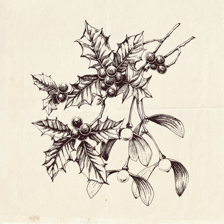 Hand drawn clip art illustration of famous Christmas plants - mistletoe and hollyのイラスト素材