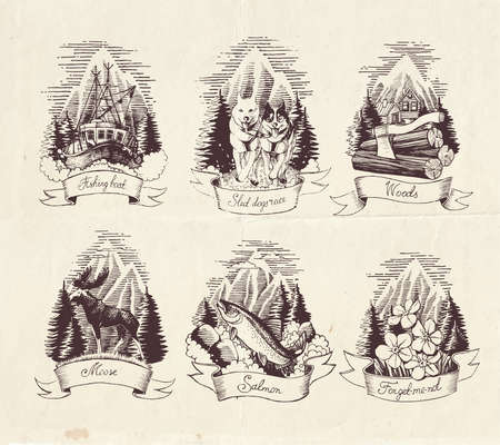 Vintage drawings that represents the beauty of Alaska, emblems and stickers designのイラスト素材