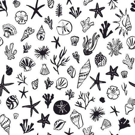 Sea world seamless pattern, background with sea shells and marine plants, summer time designのイラスト素材