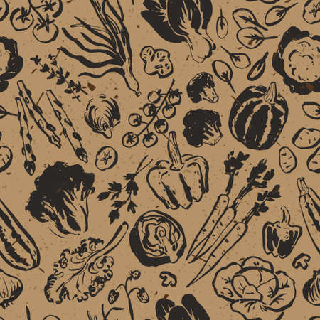 Drawing of vegetables, seamless hand drawn doodle pattern, illustration for cook book backgrounds, cards, posters, banners, textile prints, web design, recycled paper effectのイラスト素材