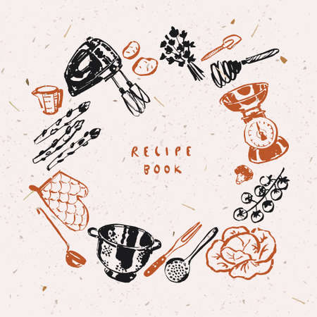 Hand drawn culinary illustration, kitchen utensil art, recipe book cover titleのイラスト素材