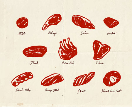 Beef cuts guide for butcher shop, hand drawn meat icons, menu template for barbecue restaurant, vintage style illustrationのイラスト素材