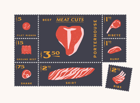 Beef cuts, meat icons in post stamps style, steaks and ribs, ground beef and filet mignonのイラスト素材