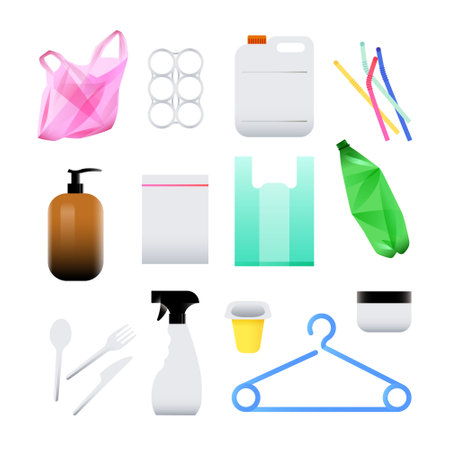 Common plastic waste items. Disposable bag, water bottle, drinking straws. Vector illustration,...