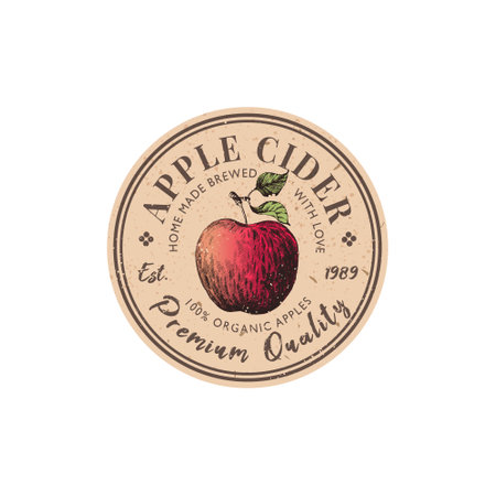 Vintage emblem for apple cider with hand drawn apple fruit illustration. Sticker templateのイラスト素材