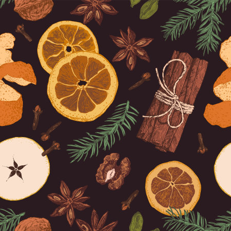 Seamless pattern background with hand drawn mulled wine ingredientsのイラスト素材