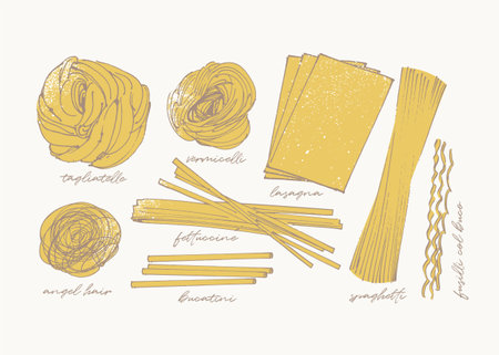 Abstract sketchy drawing of different pasta types, long pasta varietyのイラスト素材