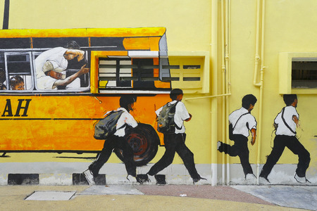  SHAH ALAM,MALAYSIA - JAN 14  Street Mural depicting a school bus and students  by students from...