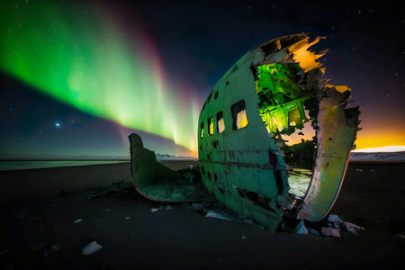 Aurora borealis over plane wreck on the beachの素材
