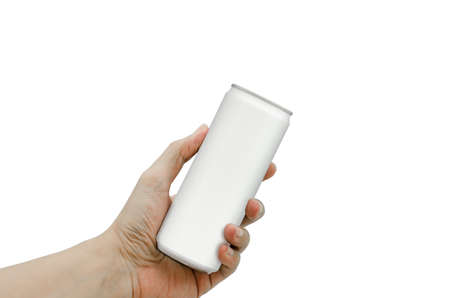 Men's hands holding cans of white drinks without any logosの写真素材