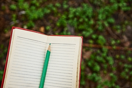 Opened notebook with a green pencilの写真素材