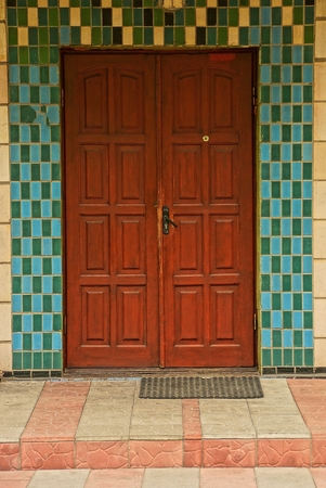 Entrance brown door on the facade of the building with a colored tileの写真素材