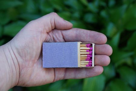 Matchboxes in open palms on background of green leavesの写真素材