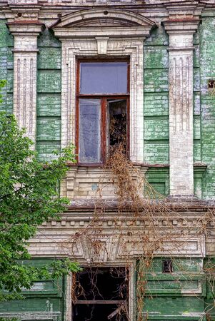 Old windows overgrown with vegetation on the facade of the old buildingの写真素材