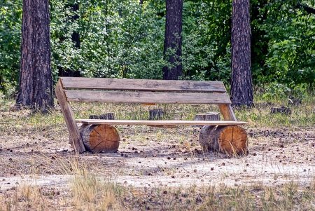 Wooden gray bench of pine logs and boardsの写真素材