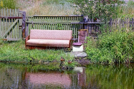 Old gray sofa in the grass on the lake shoreの写真素材
