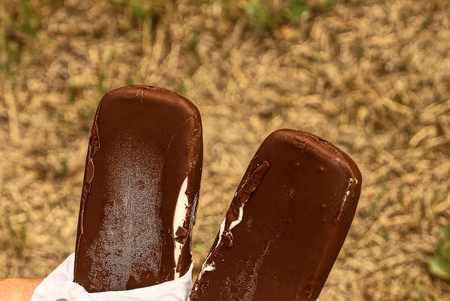 Two ice cream in chocolate on a brown background in hand