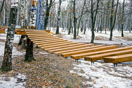 Wooden stairs in the winter parkの写真素材
