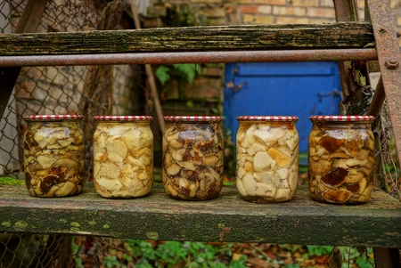 Canned mushrooms in a glass sealed container on a wooden boardの写真素材