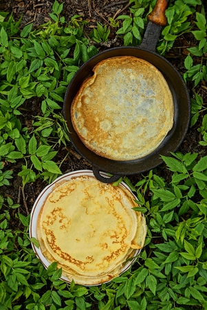pancakes on a plate and frying pan in green vegetationの写真素材