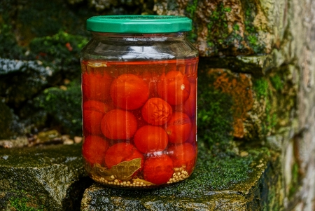 glass jar with canned tomatoes on bricks in green mossの写真素材