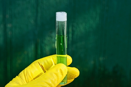 glass tube with green liquid and white foam in hand with a yellow gloveの写真素材