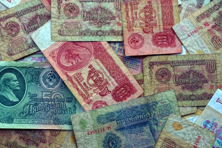 texture of colored old soviet money billsの写真素材