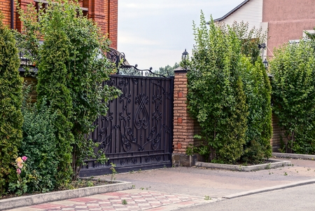 brown closed gates and part of the fence overgrown with green vegetationの写真素材
