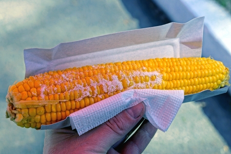 boiled corn cob in a napkin in his hand