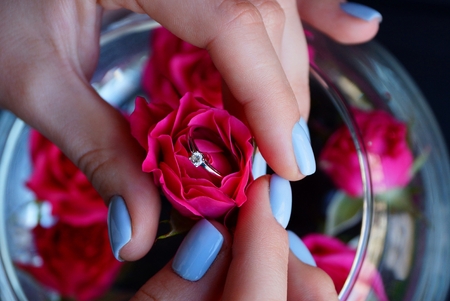 a red rosebud with a gold ring in the hands of a girl