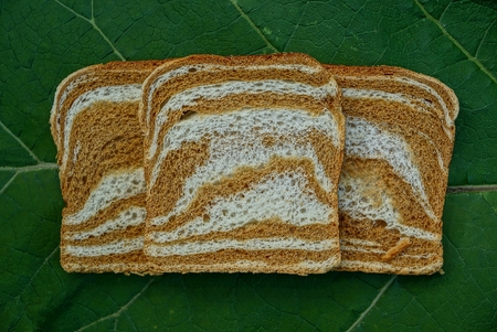 three pieces of square colored bread on green leafの写真素材
