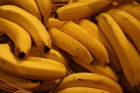 natural plant background from a heap of yellow bananasの写真素材