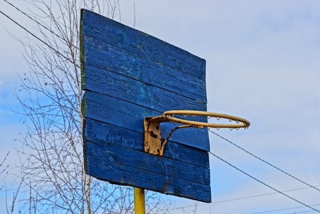 blue ring wooden basketball backboardの写真素材